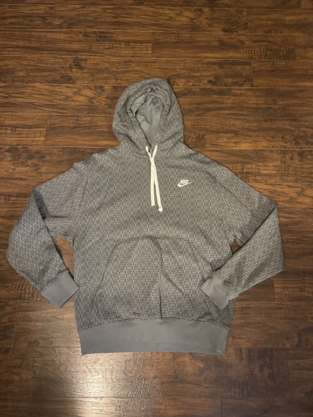 Nike Men's Fleece Pullover Hoodie Gray Allover Logo Size Medium